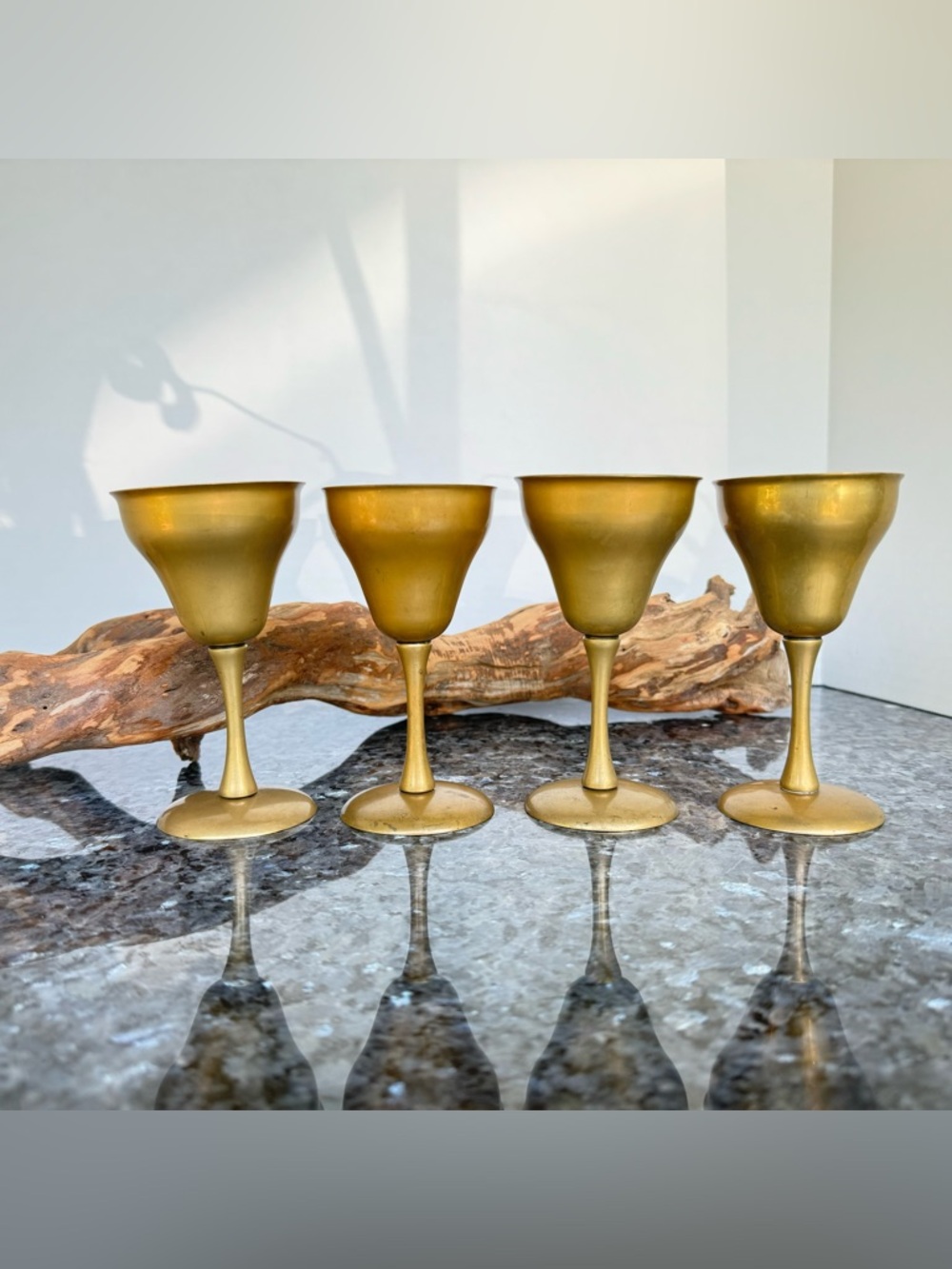 Vintage Set Of 4 Brass Wine/Champagne Goblet Glasses, 5.25”Round Curved Cups